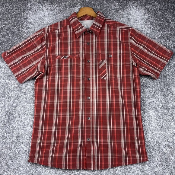 Cabela's Shirt Men's Medium Red Plaid Button Up Short Sleeve Hike Camp Outdoors - Picture 1 of 9